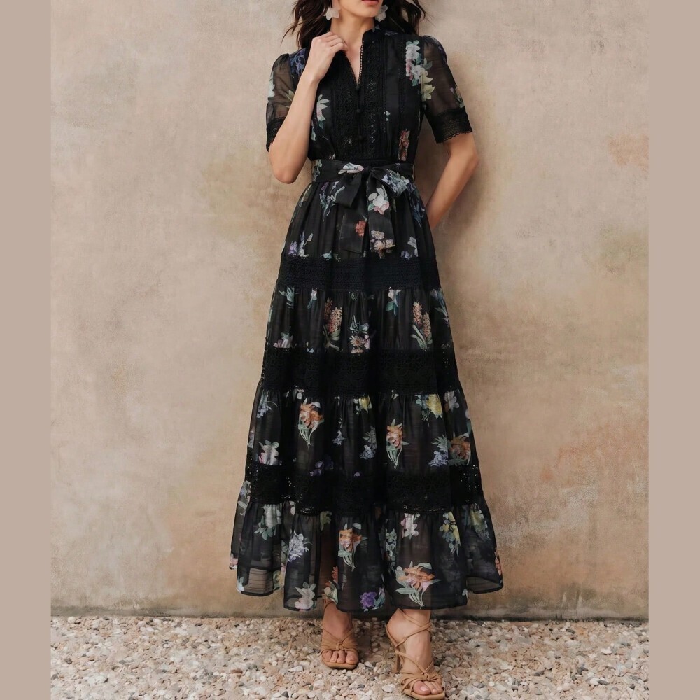 Black Floral Print Lace Trim Tiered Belted Notched Neck Maxi Dress